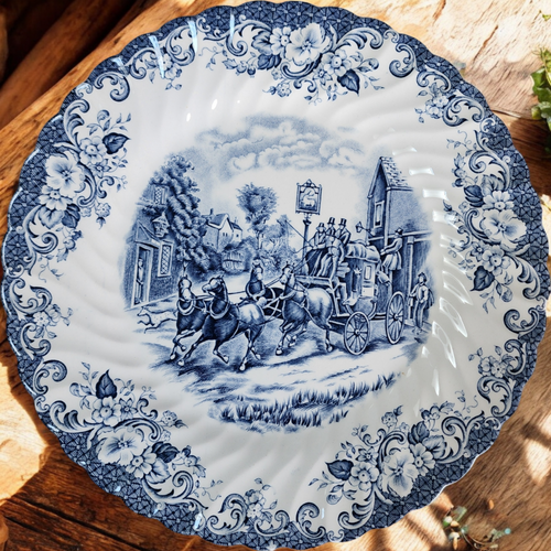 Johnson Brothers Coaching Scenes Blue & White Ironstone Plate Vintage England Transferware