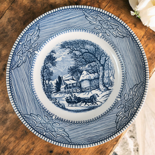 Vintage Monarch Blue Transferware Dinner Plate Horse Drawn Sleigh Winter Scene – Dishwasher Safe Oven Proof