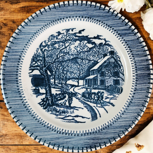 Vintage Knowles Currier & Ives Country Life Blue Transferware Plate Horse Drawn Sleigh Winter Scene – 10