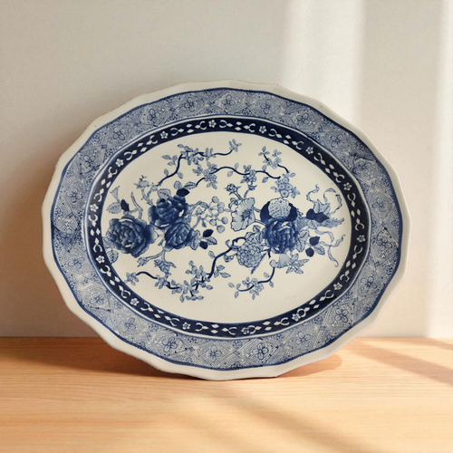 Antique Blue & White Oval Porcelain Serving Platter Floral Transferware Chinoiserie Styl Circa 1880s–1900s