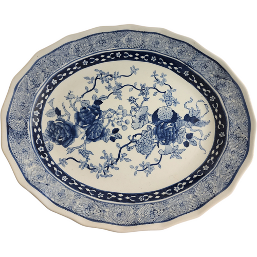 Antique Blue & White Oval Porcelain Serving Platter Floral Transferware Chinoiserie Styl Circa 1880s–1900s