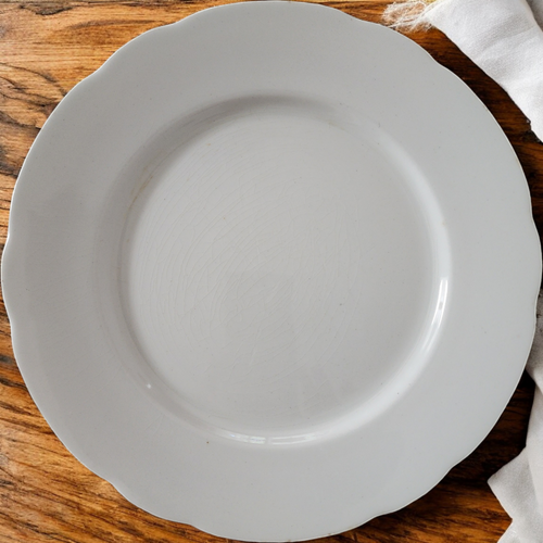 Antique William Ridgeway Ironstone Plate  Bishop Crown Backstamp  White Scalloped Staffordshire England c.1891–1910