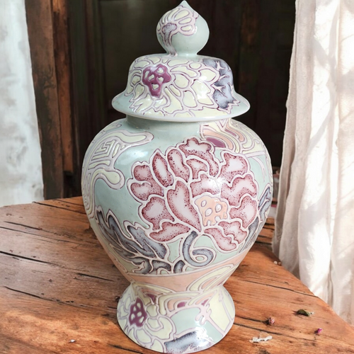Vintage Macau Pedestal Ginger Jar – Hand-Painted Floral Lidded Urn Vase Pastel Raised Enamel China c.1960s–70s