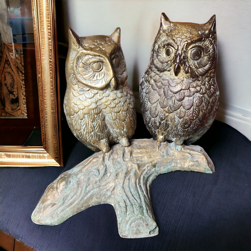 Vintage Brass Owl Figurine Two Owls on Branch Mid Century Solid Brass Sculpture Rustic Patina c.1950s–1970s