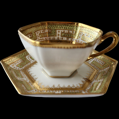 Antique Nippon RG Hand Painted Gold & Green Cup & Saucer Set – Hexagonal Porcelain, Circa 1911-1920