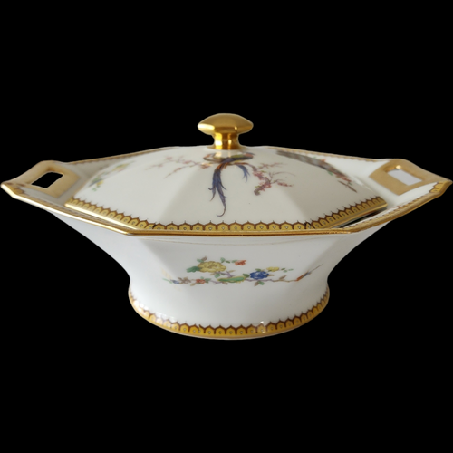 Antique Theodore Haviland Limoges France Covered Tureen Dish Bird & Floral with Gold Trim Early 1900s Porcelain