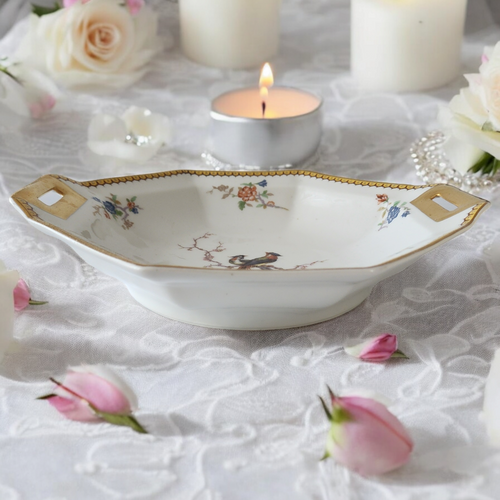 Antique Theodore Haviland Limoges France Round Vegetable Bowl Bird & Floral with Gold Trim Early 1900s Porcelain