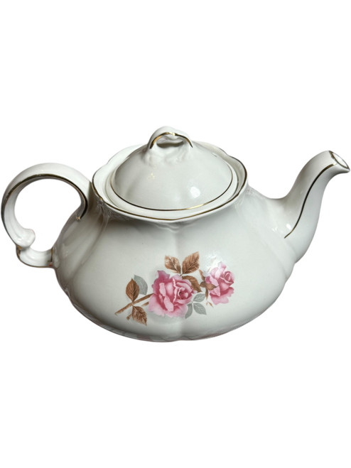 Vintage Ellgreave Wood & Sons Ironstone Teapot Pink Rose Floral with Gold Trim Made in England