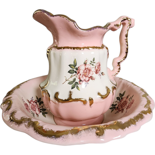 Vintage Pink Floral Wash Basin & Pitcher Set with Gold Trim Victorian Style Ceramic Vanity Decor