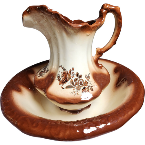 Vintage Brown & Cream Ceramic Pitcher and Wash Basin Bowl Set Floral Transferware Farmhouse Country Decor