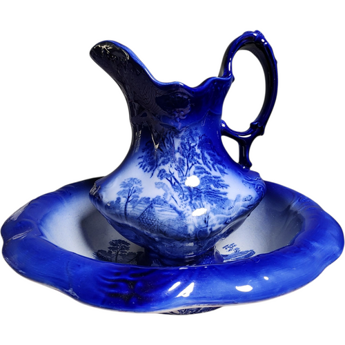 Vintage Royal Crownford Ironstone Pitcher & Wash Basin Set Homestead Flow Blue Transferware England