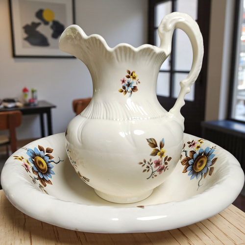 Vintage White Ceramic Pitcher & Wash Basin Bowl Set – Hand-Painted Floral Sunflower Motif Farmhouse Cottage Decor