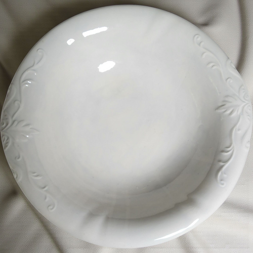 Antique White Ironstone Wash Basin Bowl Embossed Scroll & Floral Design Victorian Farmhouse Decor