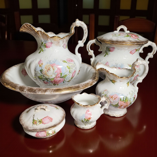 Antique Homer Laughlin Wash Basin & Pitcher Set 6 Pc Victorian Roses & Gold Trim Chamber Set