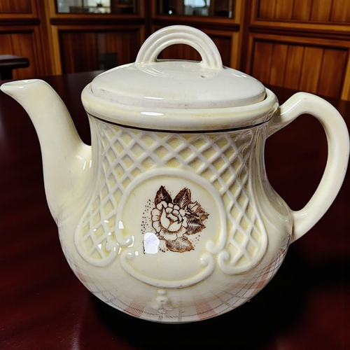 Vintage Pavilion Ivory Teapot with Brown Floral Design Lattice Pattern – Made in Japan
