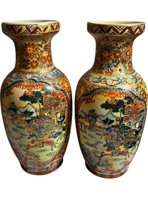 Pair of Vintage Japanese Satsuma Style Vases Hand Painted Warrior Scene & Floral Butterfly Motif, Mid-Century Oriental Decor