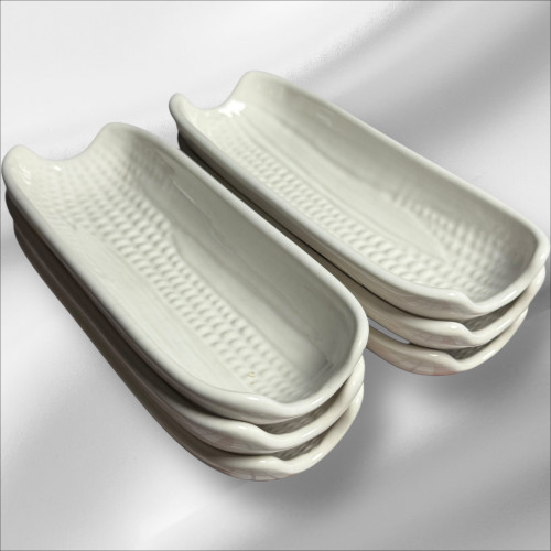 Vintage Pfaltzgraff Corn on the Cob Dishes  Set of 6 Ceramic Corn Trays, White Embossed Farmhouse Serveware