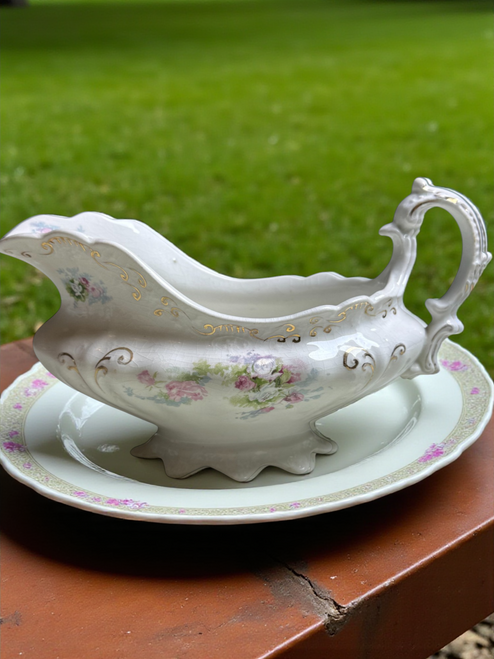 Antique J&G Meakin Hanley England Gravy Boat Floral & Gold Scroll Victorian Style 19th Century Ironstone