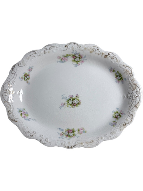 12" Antique J&G Meakin Hanley England Oval Serving Platter Floral Pink Rose Pattern with Gold Trim 19th Century Ironstone