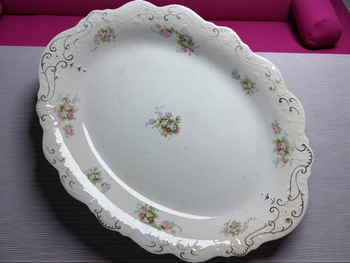 16" Antique J&G Meakin Hanley England Oval Serving Platter Floral Pink Rose Pattern with Gold Trim 19th Century Ironstone