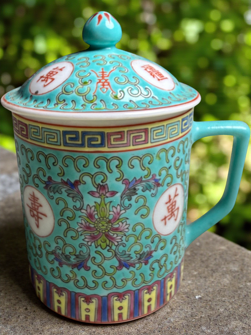 Mun Shou Chinese Famille Rose Porcelain Mug with Lid Turquoise Enamel Shou Longevity Characters Jingdezhen Made in China