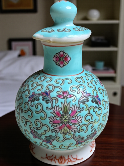 Mun Shou Chinese Famille Rose Turquoise Porcelain Jar with Lid Hand-Painted Floral Motif Marked Made in China