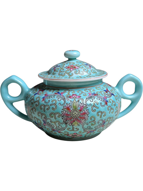 Vintage Chinese Porcelain Sugar Bowl with Lid – Turquoise Floral Enamel, Famille Rose Style, Marked Made in China