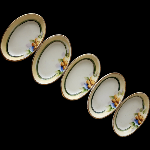 Set of 5 Vintage Noritake Hand Painted Oval Butter Pats  Pansy Floral – Green M Mark Made in Japan