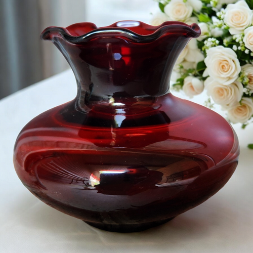 Vintage Anchor Hocking Royal Ruby Red Glass Bud Vase Crimped Rim Flower Vase Mid Century Modern Decor