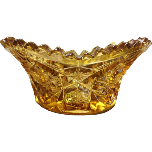 Vintage Amber Pressed Glass Bowl Starburst Diamond Pattern Ruffled Rim Candy Dish Mid-Century EAPG Style Decorative Glassware