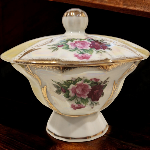 Vintage Lusterware Candy Dish with Lid Hand-Painted Roses & 22K Gold Trim Footed Trinket Box