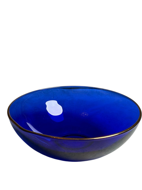 Vintage Cobalt Blue Glass Bowl with Gold Rim Mid Century Modern Serving Dish