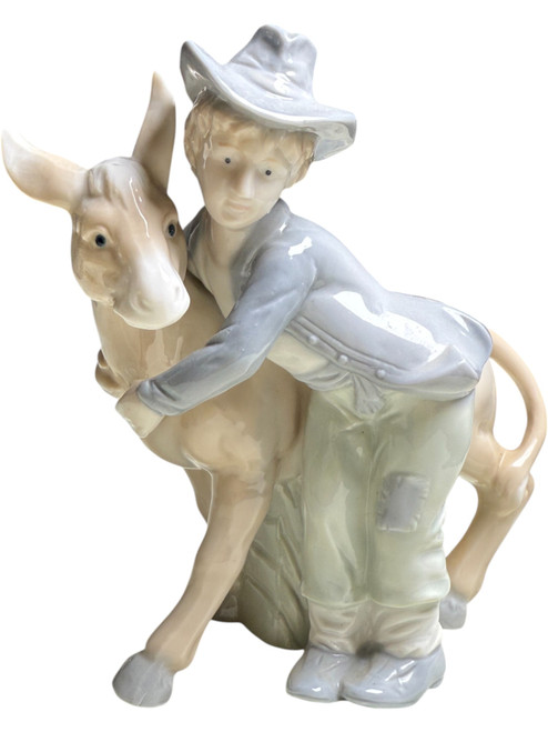 Vintage Porcelain Figurine Boy Hugging Donkey | Glazed Ceramic Farmhouse Figurine Rustic Country Décor Collectible