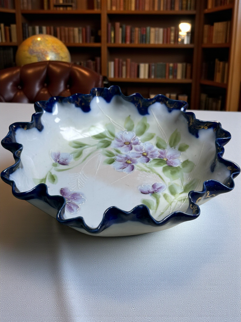 Vintage Japanese Hand Painted Porcelain Bowl Ruffled Edge with Purple Floral Design & Cobalt Blue Rim Antique Japan Decorative Dish