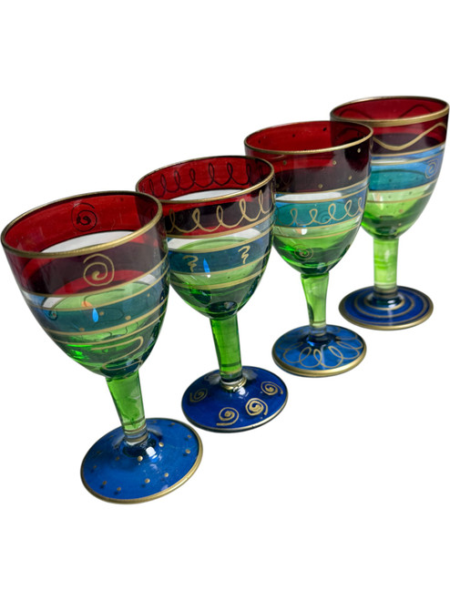 Set of 4 Pier 1 Hand-Painted Wine Goblets 4" Tall Multicolor Glasses with Gold Accents