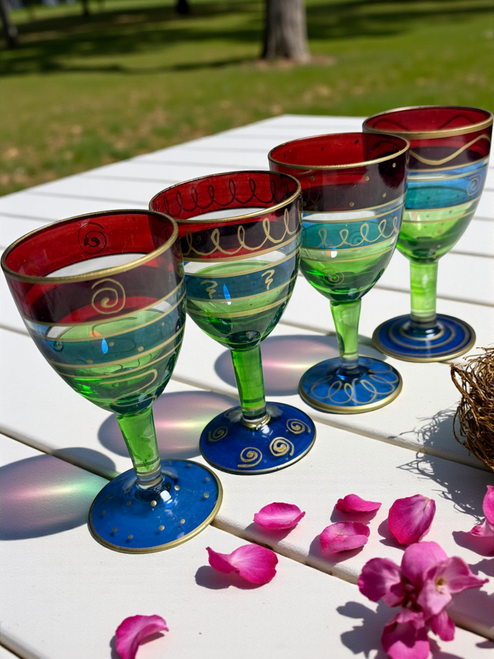 Set of 4 Pier 1 Hand-Painted Wine Goblets 4" Tall Multicolor Glasses with Gold Accents
