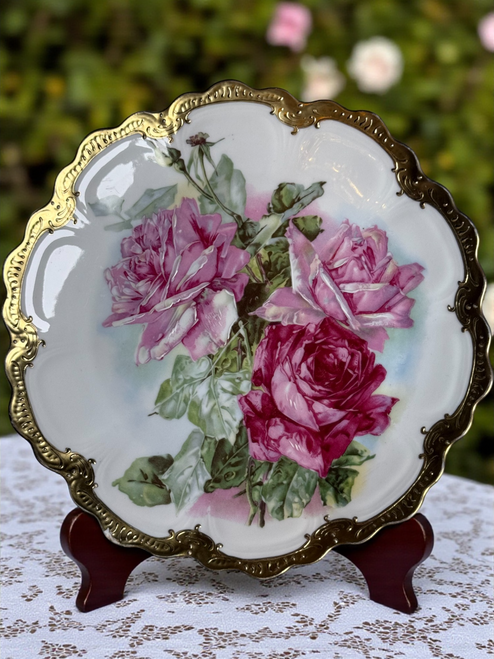 Antique Z.S.&Co Bavaria Porcelain Plate Hand Painted Pink Roses with Heavy Gold Trim Scalloped Edge Circa 1900s German Victorian Cabinet Plate