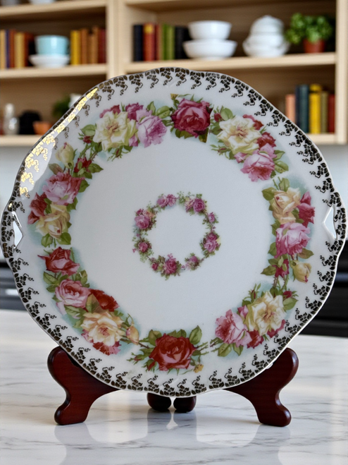 Antique Silesia Porcelain Plate with Hand Painted Roses & Gold Gilt Scalloped Edge Decorative Plate Circa Early 1900s