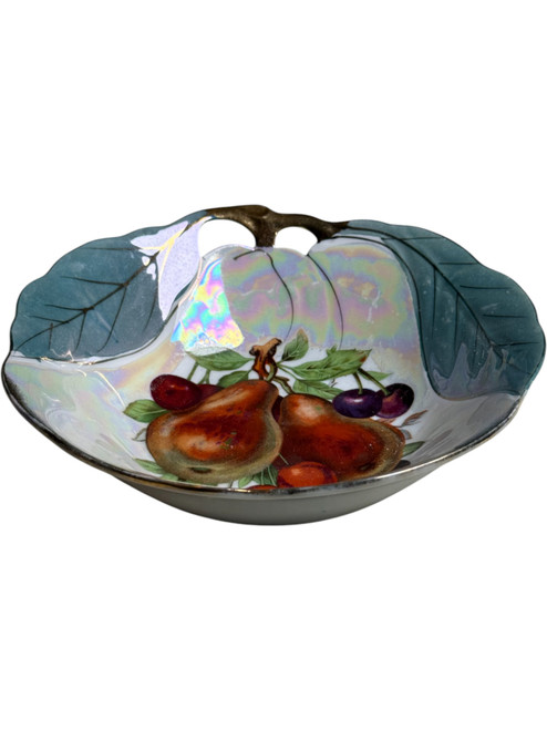 Vintage Lusterware Fruit Bowl with Hand-Painted Pears & Cherries Iridescent Porcelain Serving Dish with Leaf Handles 1940s Japan
