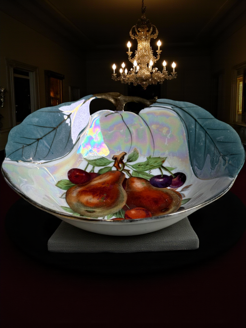 Vintage Lusterware Fruit Bowl with Hand-Painted Pears & Cherries Iridescent Porcelain Serving Dish with Leaf Handles 1940s Japan