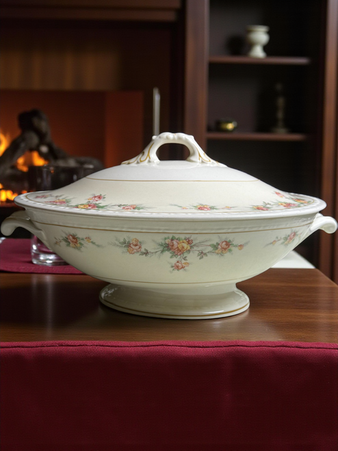 Antique Homer Laughlin Covered Soup Tureen Floral Rose Pattern Porcelain Serving Dish with Lid Gold Trim USA c.1900s