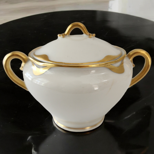 Haviland Silver Anniversary Covered Mini Sugar Bowl & Lid Limoges France White Porcelain with Gold Trim, Vintage