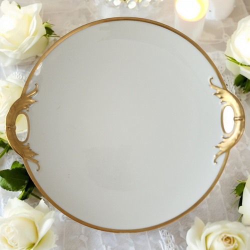 Haviland Silver Anniversary Handled Cake Plate Limoges France 16" White Porcelain with Gold Trim