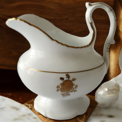 Antique Davenport Longport Staffordshire Creamer Victorian Porcelain Gold Medallion & Scroll Gilt c.1860s