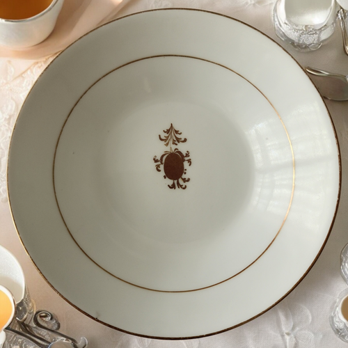 Antique Davenport Longport Staffordshire Soup Dessert Bowl White Ironstone with Gold Medallion & Gilt Trim Victorian c.1870s