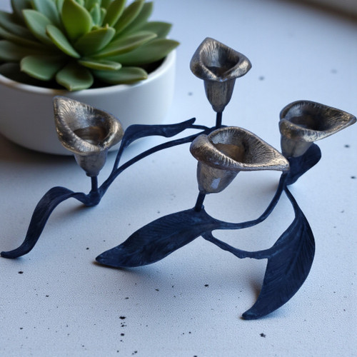 Vintage Solid Brass Calla Lily 2-Taper Candelabra – Set of Two Floral Brass Candle Holders with Leaf Design