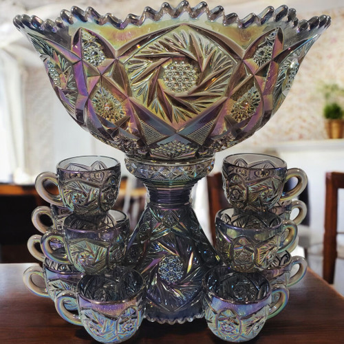 Imperial Glass Whirling Star Amethyst Blue Carnival Punch Bowl Set w/ Cups