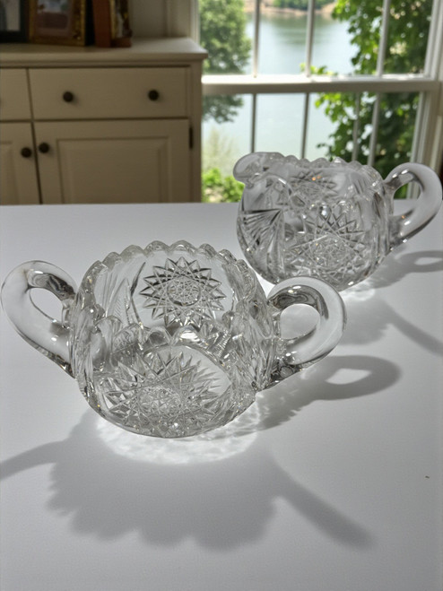 Antique American Brilliant Cut Glass Creamer & Sugar Bowl Set – ABP Heavy Crystal, Starburst & Hobstar Pattern, c.1900s