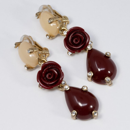 Oscar de la Renta Crystal and Faux Coral Dangling Flower Earrings