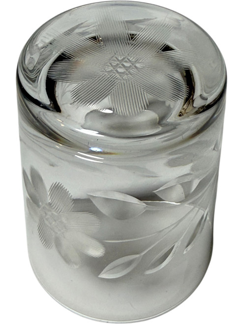Vintage Etched Floral Crystal Old Fashioned Glass with Silver Rim – Mid-Century Barware